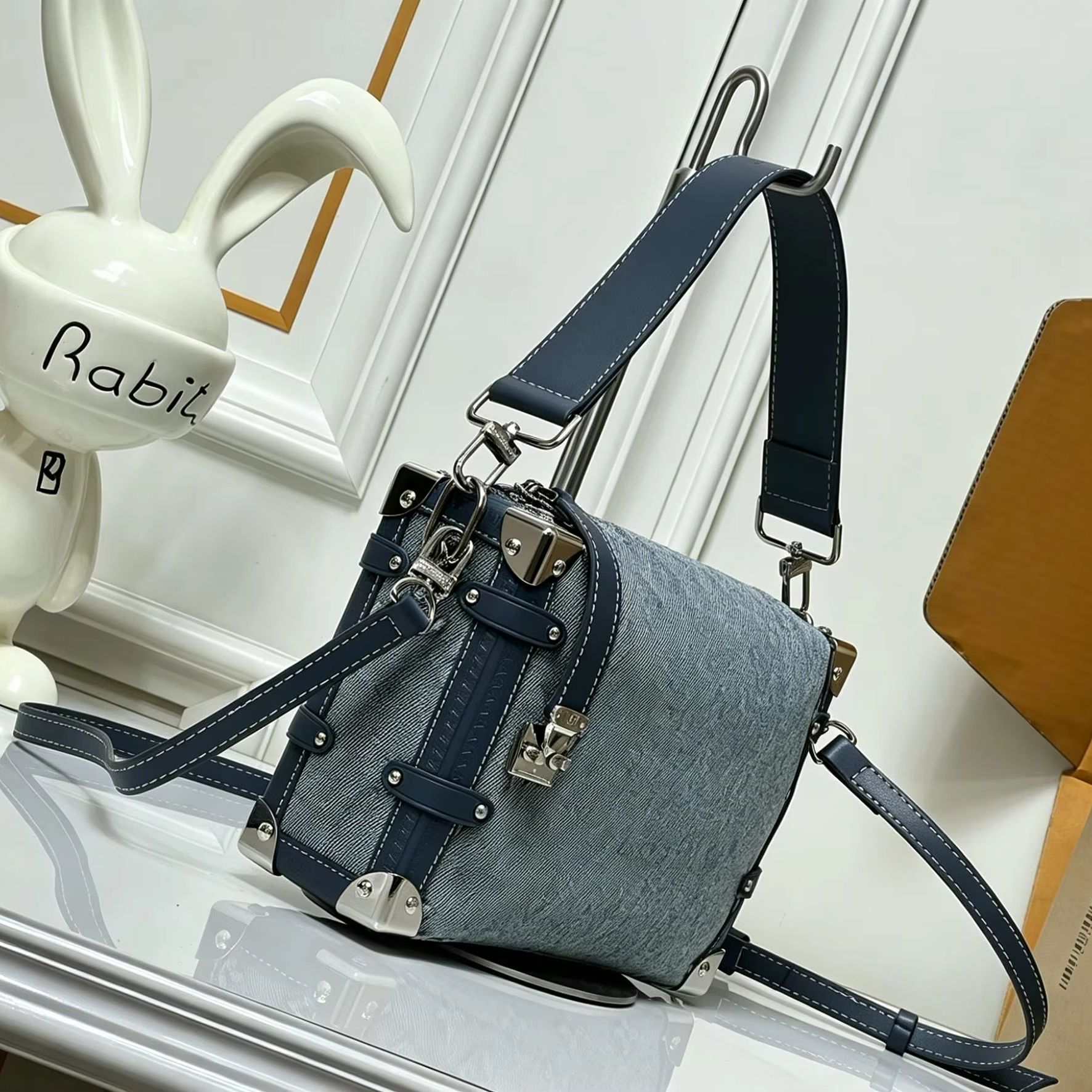 Luxury Bags Denim - Blue Jacquard Denim Mini Trunk Bag,